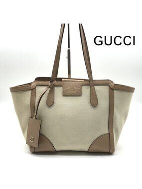 Gucci Swing Tote Bag Shoulder Leather Canvas Beige
